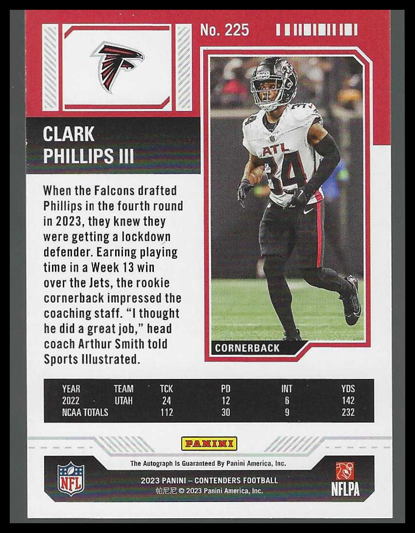2023 Panini Contenders #225 Clark Phillips III Rookie