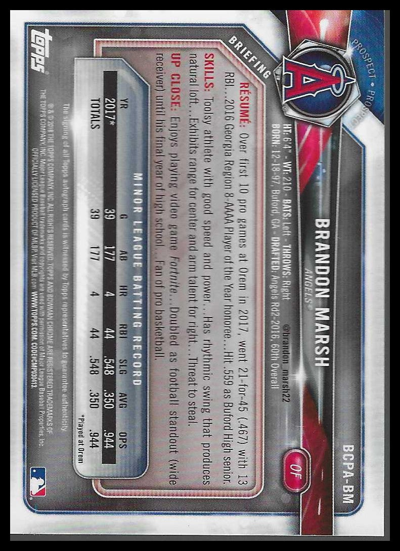 2018 Bowman Chrome Prospects Autographs #BCPA-BM Brandon Marsh