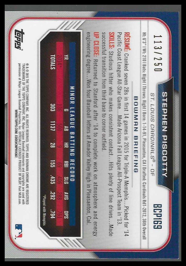 2015 Bowman Chrome Prospects Refractors #BCP169 Stephen Piscotty #113/250