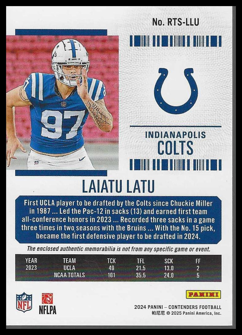 2024 Panini Contenders Rookie Ticket Swatches #RTS-LLU Laiatu Latu