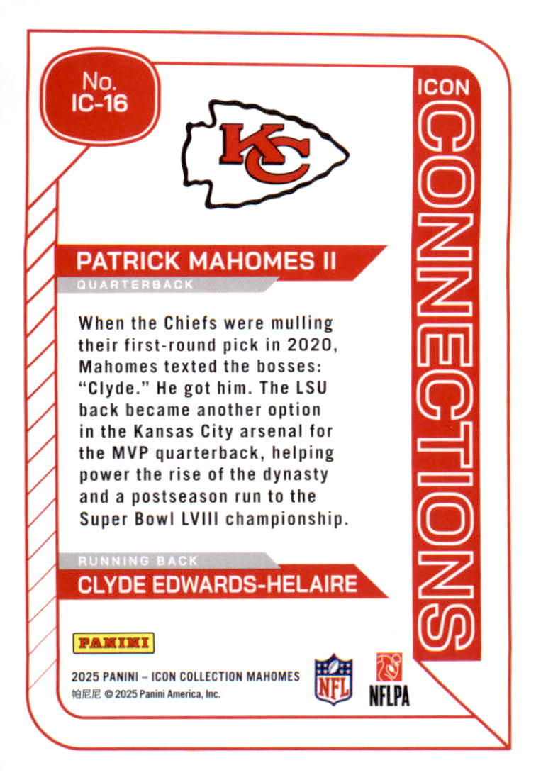2025 Panini Mahomes Icon Collection - Icon Connections Clyde Edwards-Helaire