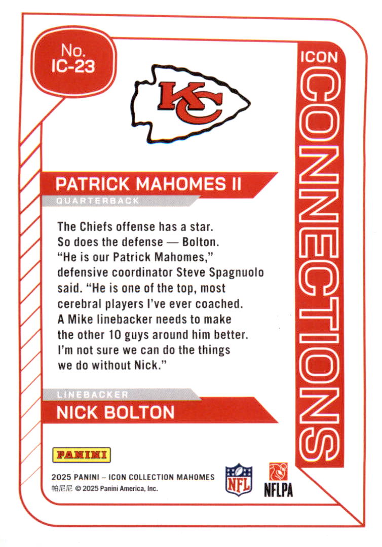 2025 Panini Mahomes Icon Collection  Icon #IC23 Patrick Mahomes II  Nick Bolton
