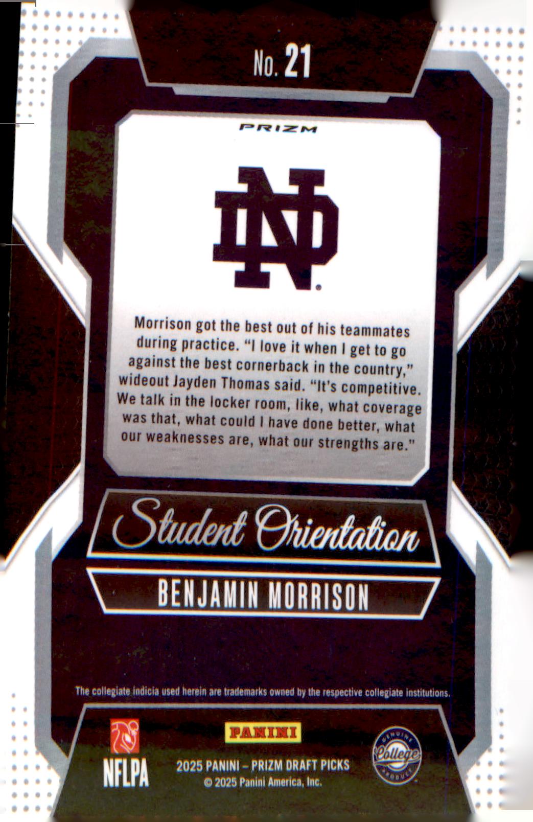 2025 Panini Prizm Draft Picks Student Orientation Gold Ice #21 Benjamin Morrison