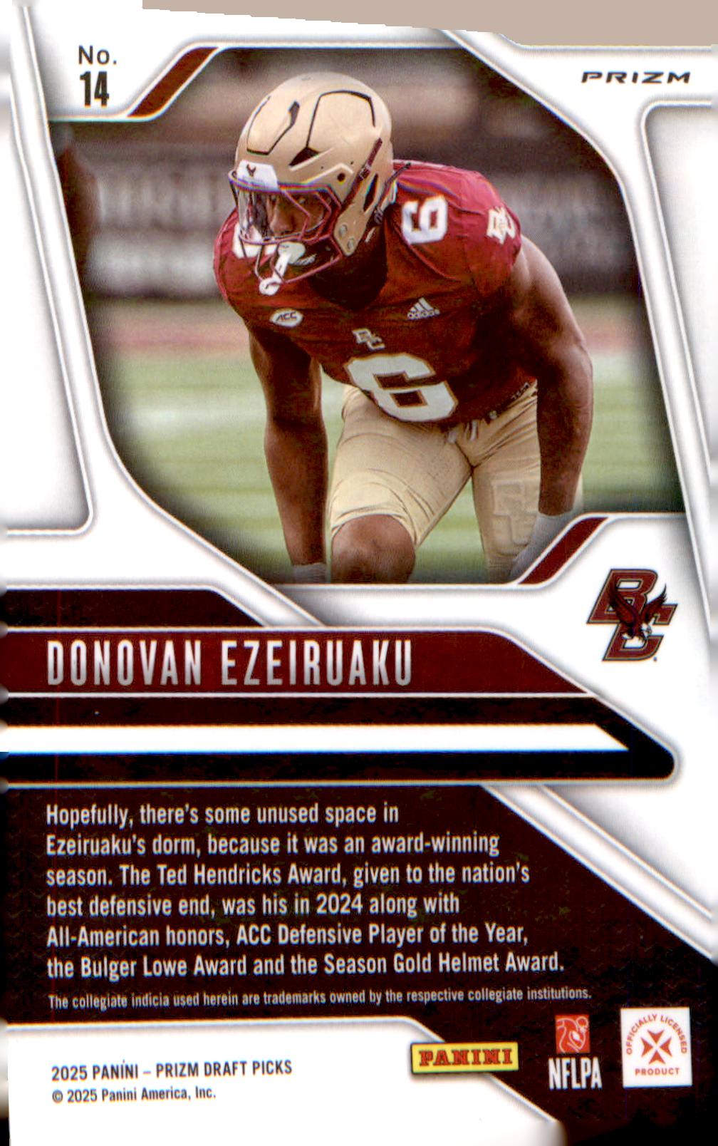 2025 Panini Prizm Draft Picks Prizms Gold Ice #14 Donovan Ezeiruaku
