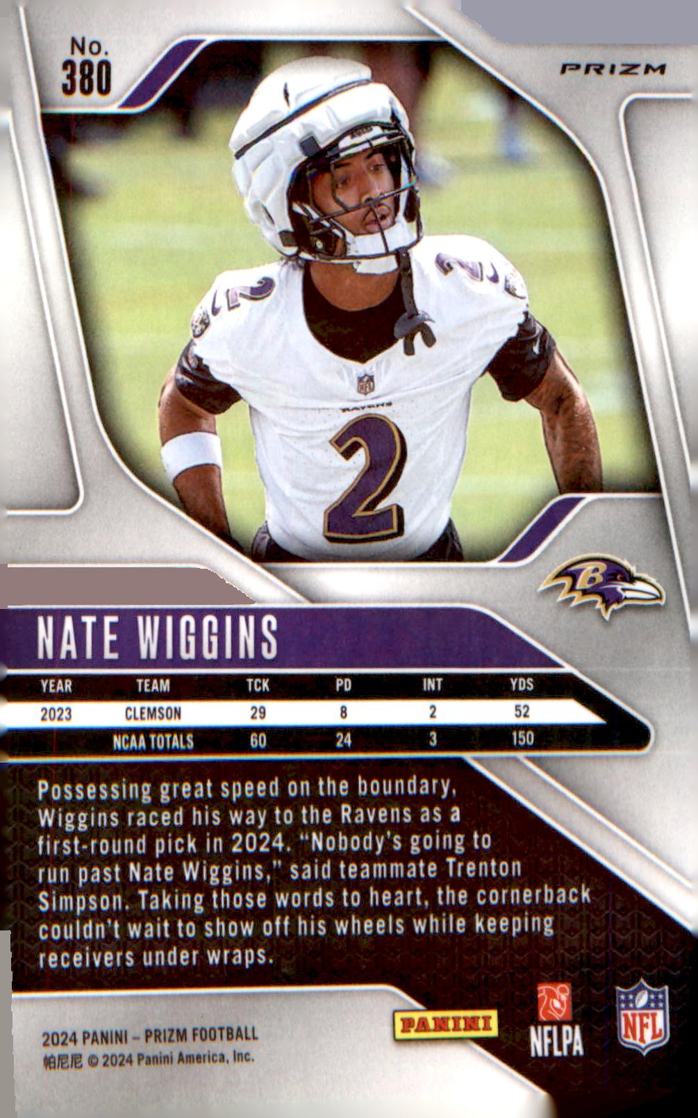 2024 Panini Prizm Green Wave #380 Nate Wiggins Rookie RC
