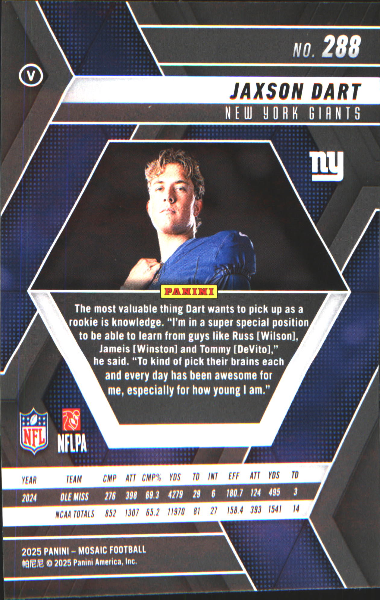 2025 Panini Mosaic #288 Jaxson Dart Rookie RC