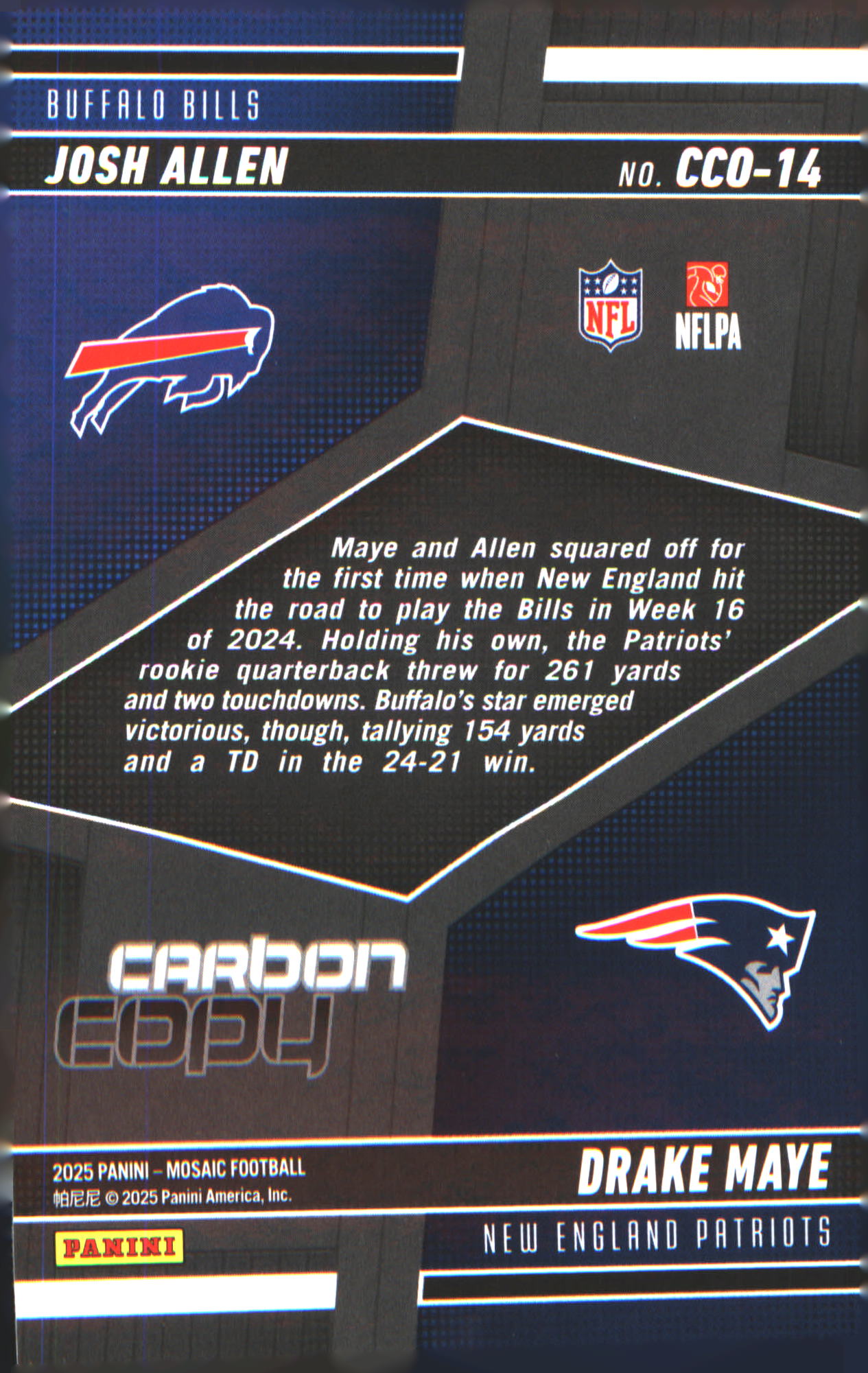 2025 Panini Mosaic Carbon Copy #CCO-14 Drake Maye / Josh Allen