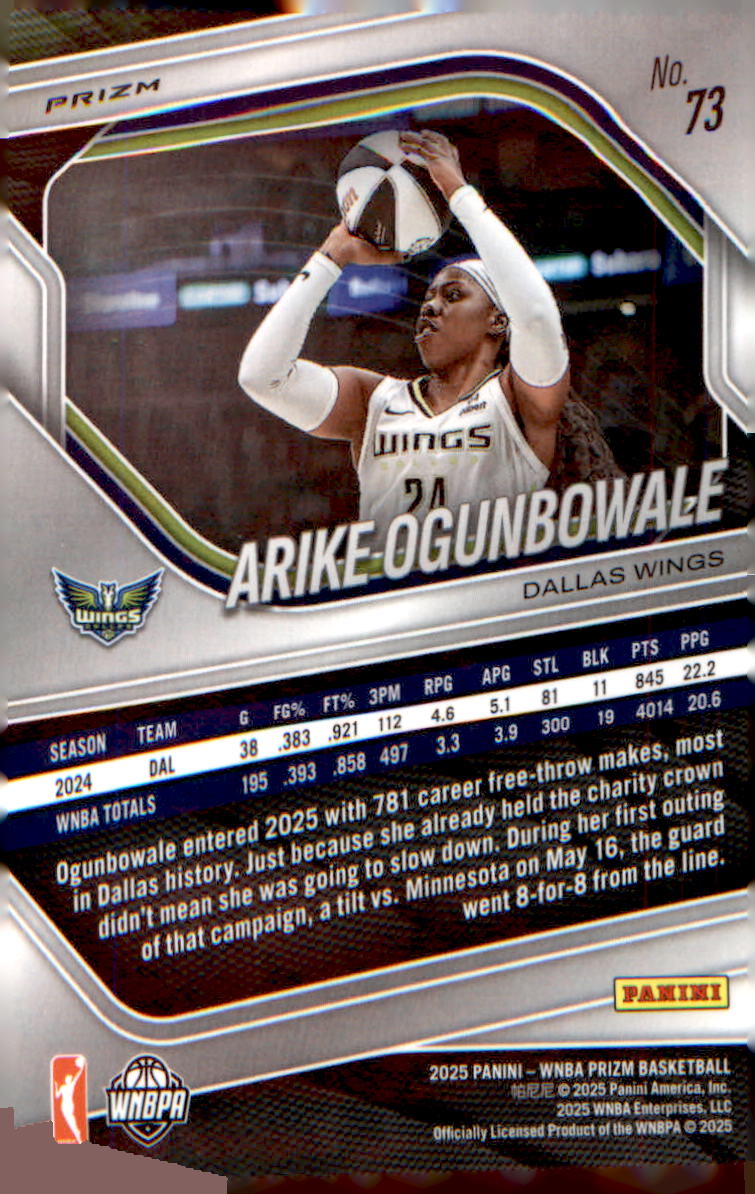 2025 Panini Prizm WNBA Silver Prizms #73 Arike Ogunbowale
