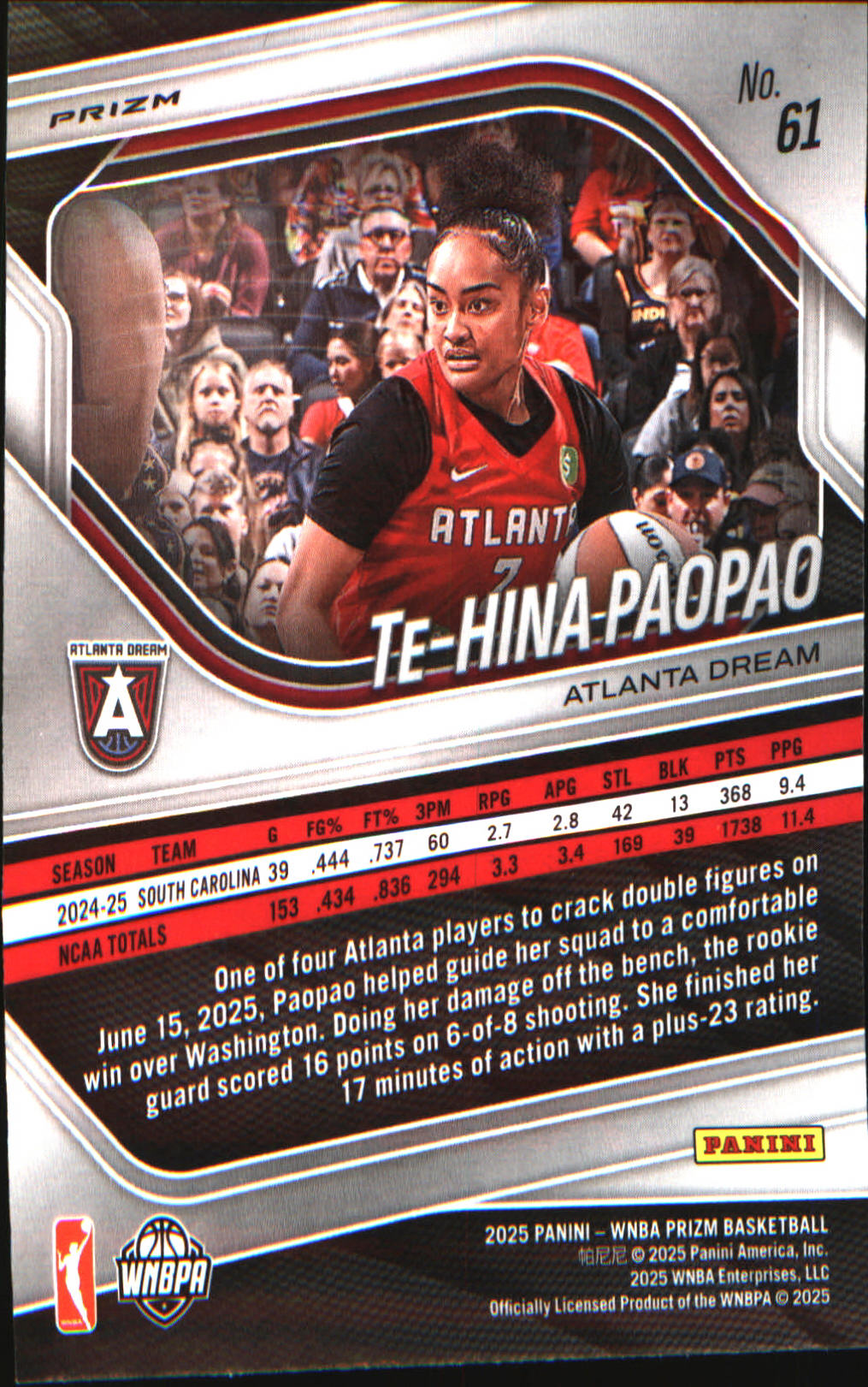 2025 Panini Prizm WNBA Green Prizms #61 Te-Hina Paopao
