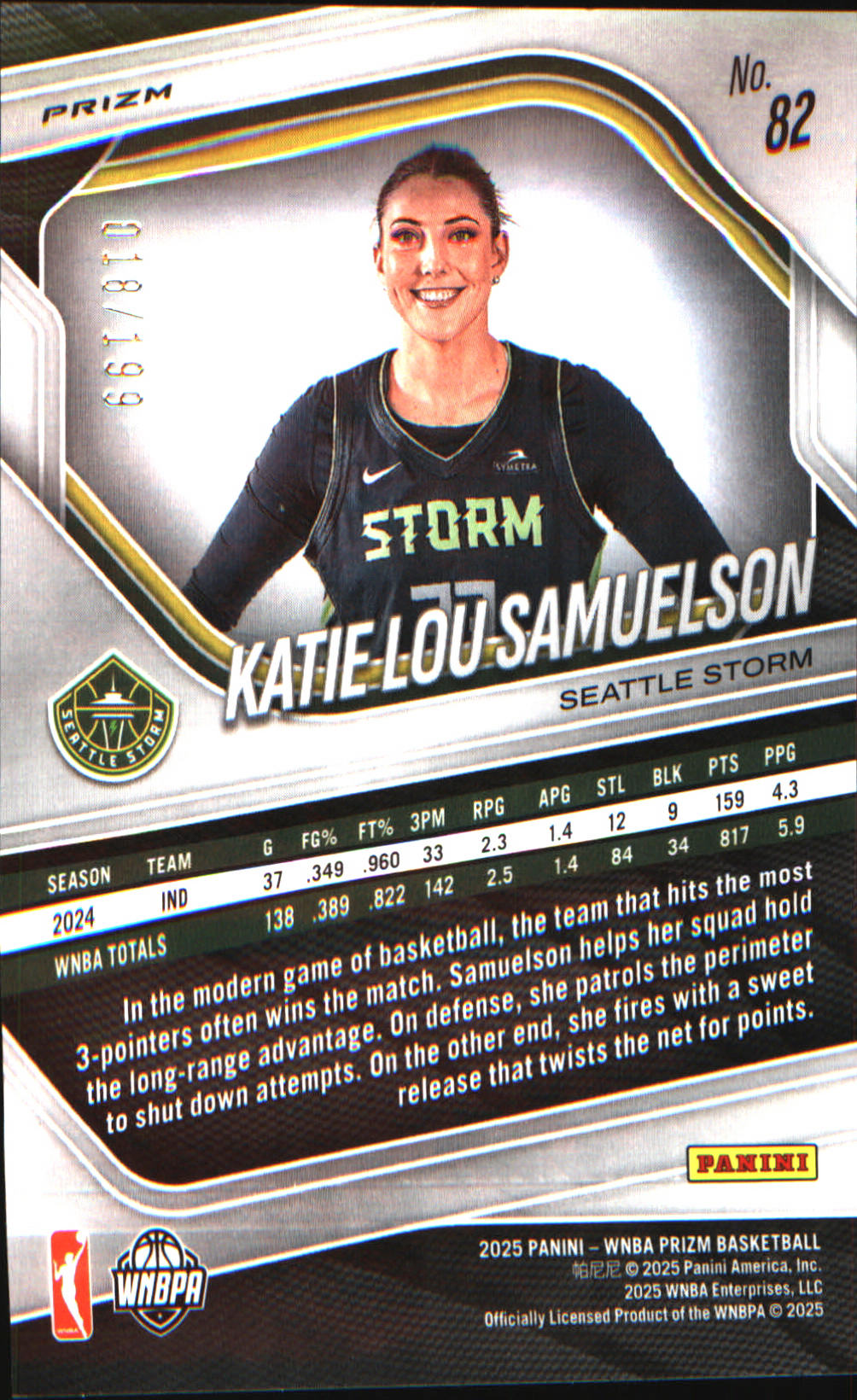 2025 Panini Prizm WNBA Blue Pulsar Prizms #82 Katie Lou Samuelson SN #/199