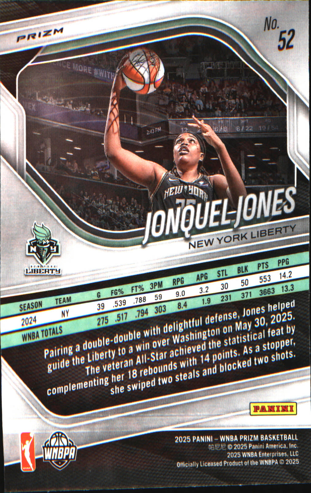 2025 Panini Prizm WNBA Blue Velocity Prizms #52 Jonquel Jones