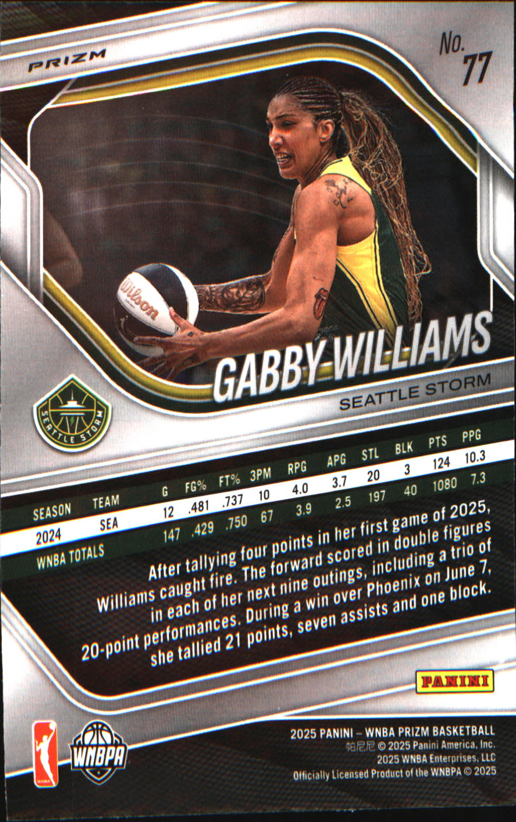 2025 Panini Prizm WNBA Blue Velocity Prizms #77 Gabby Williams
