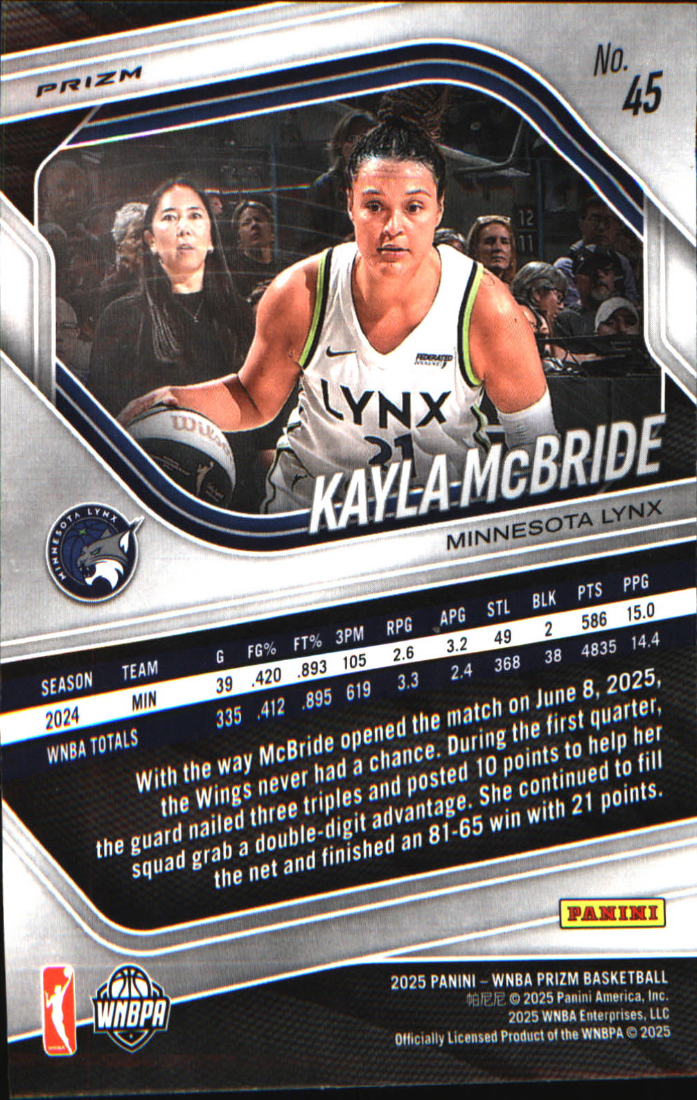 2025 Panini Prizm WNBA Ice Prizm #45 Kayla McBride