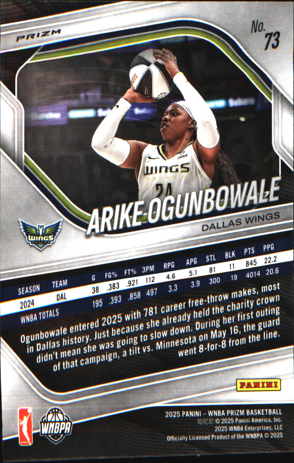 2025 Panini Prizm WNBA Ice Prizm #73 Arike Ogunbowale