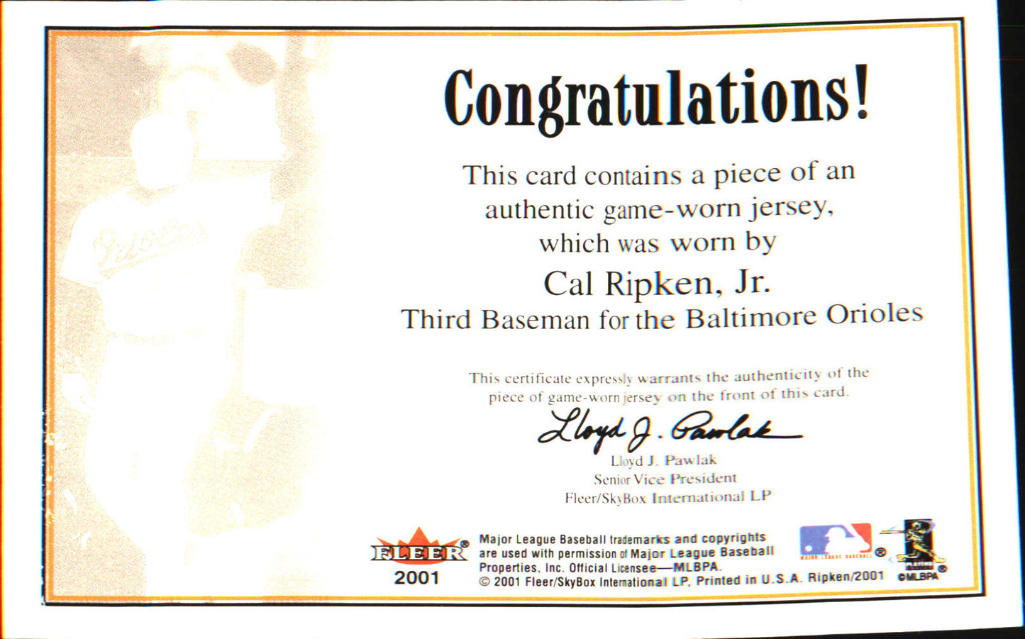2001 Fleer Cal Ripken, Jr. Career Highlights Glossy Relics MEM, Game Worn