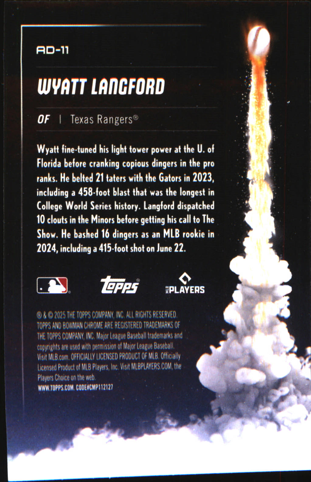 2025 Bowman ChromeP Adios #AD-11 Wyatt Langford