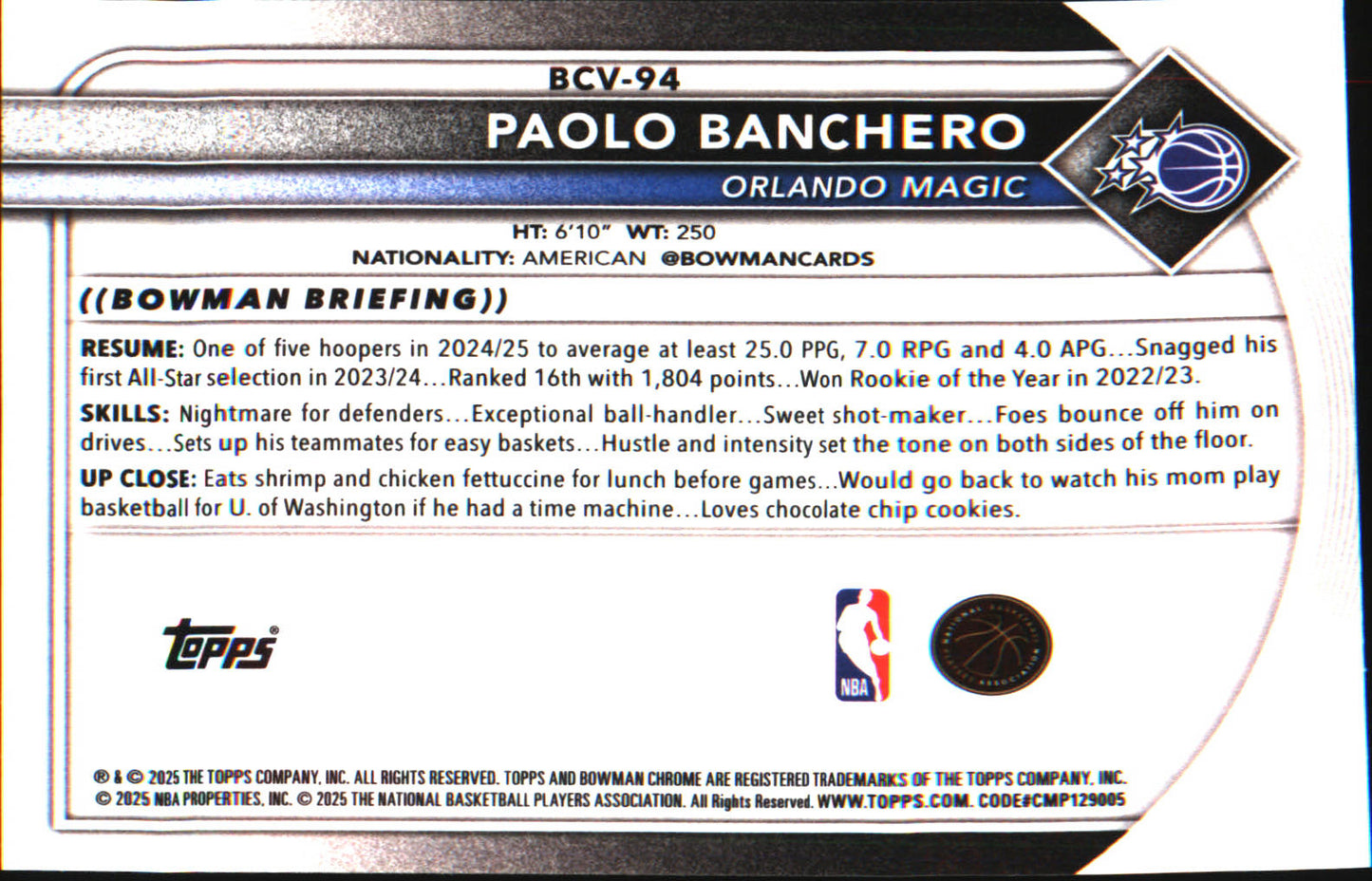 2025-26 Bowman Sapphire Blue Color Match Chrome #BCV-94 Paolo Banchero