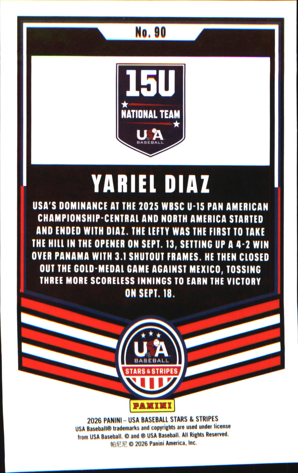 2026 Panini Stars & Stripes Prizm USA Baseball Silver #90 Yariel Diaz