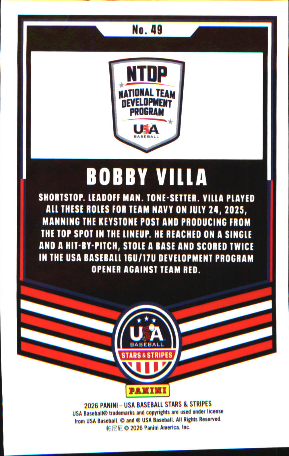 2026 Panini Stars & Stripes Prizm USA Baseball #49 Bobby Villa