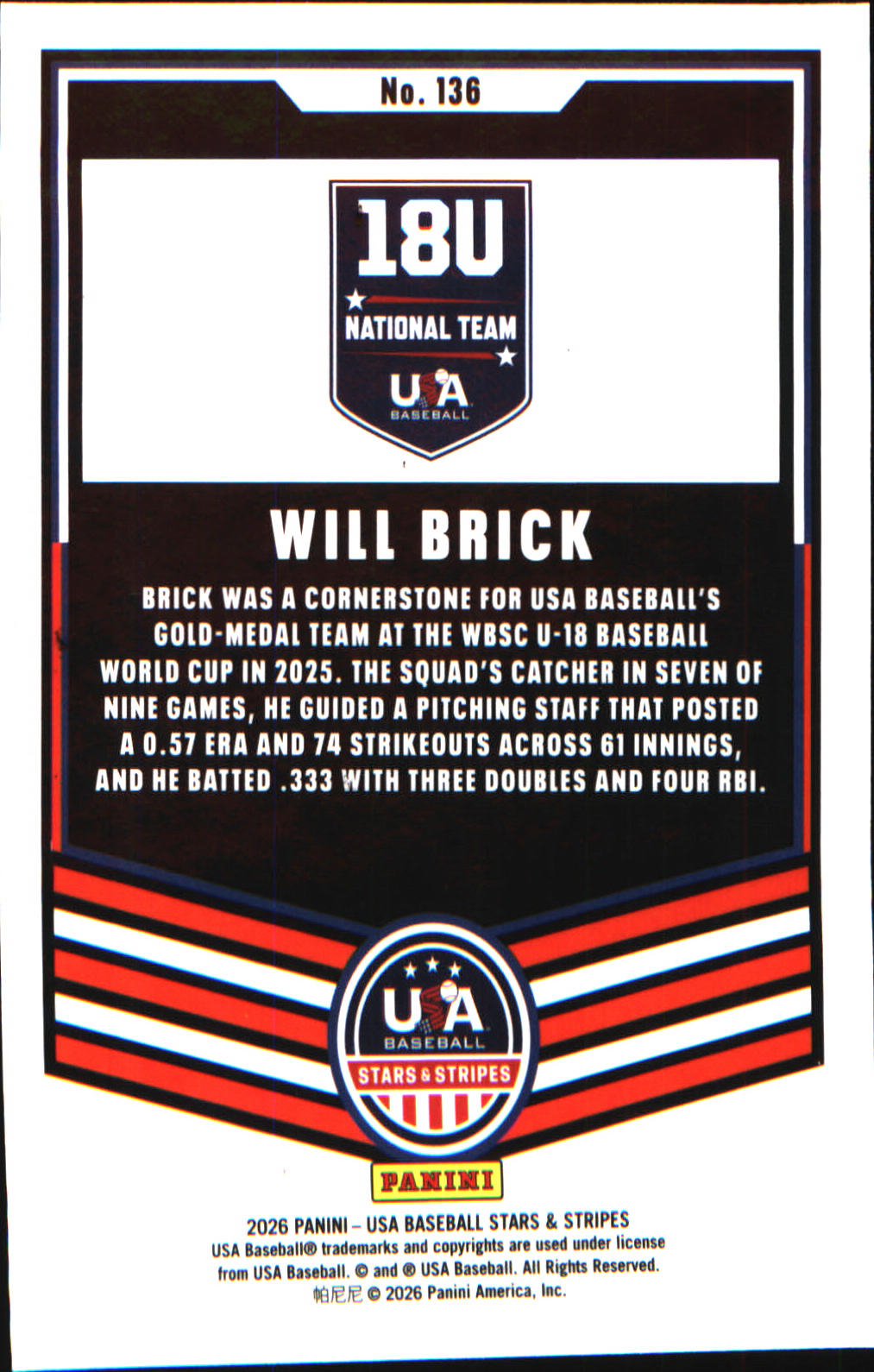 2026 Panini Stars & Stripes Prizm USA Baseball #136 Will Brick