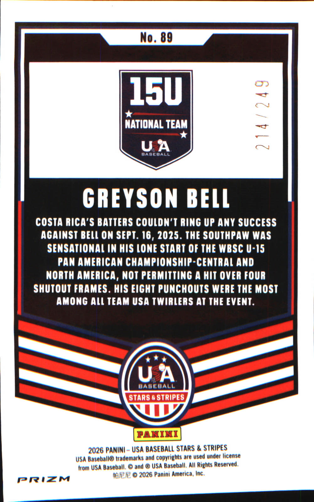 2026 Panini Stars & Stripes Prizm USA Orange Pulsar #89 Greyson Bell #/249