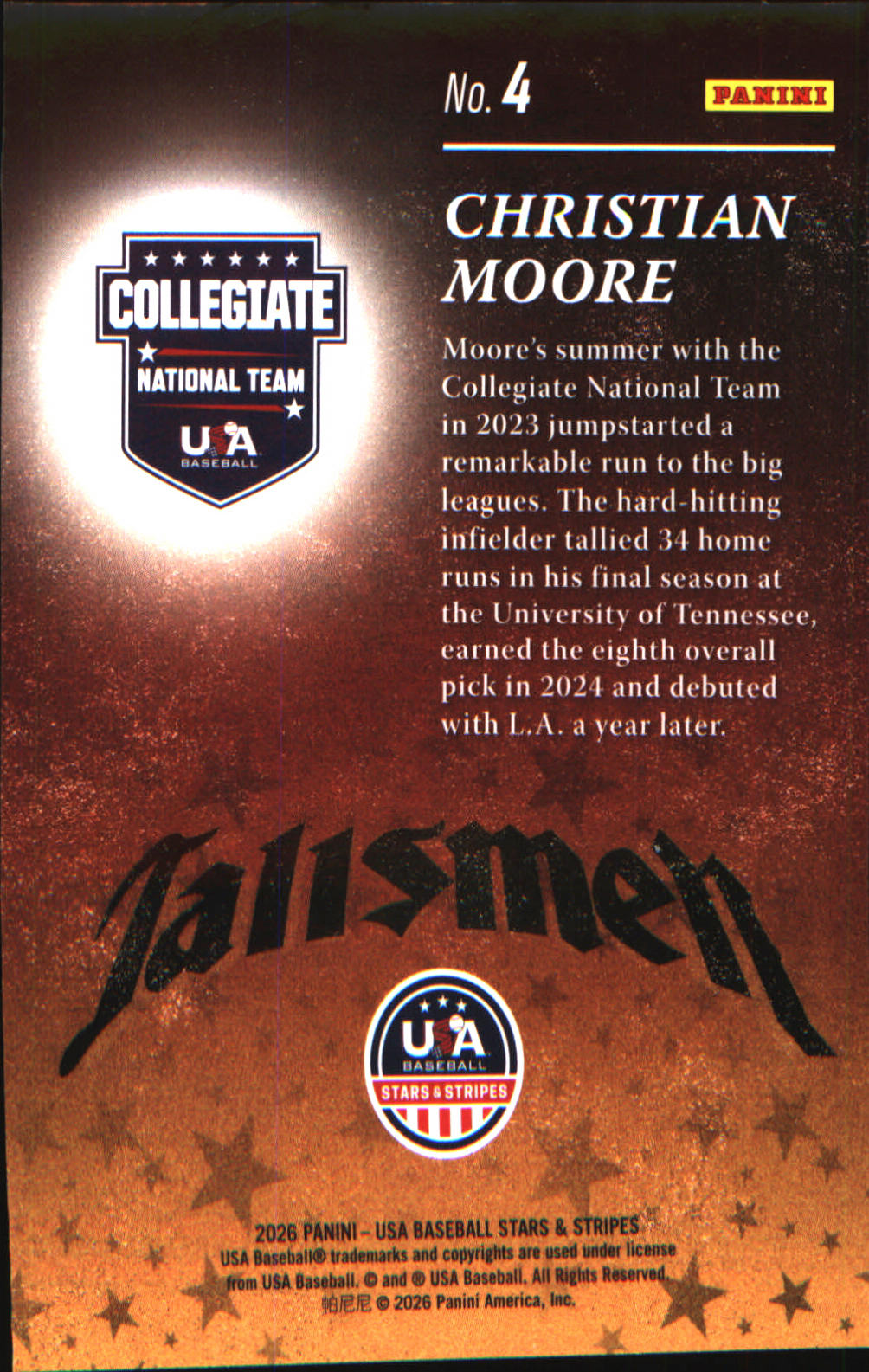 2026 Panini Stars & Stripes Prizm USA Baseball Talisman #4 Christian Moore