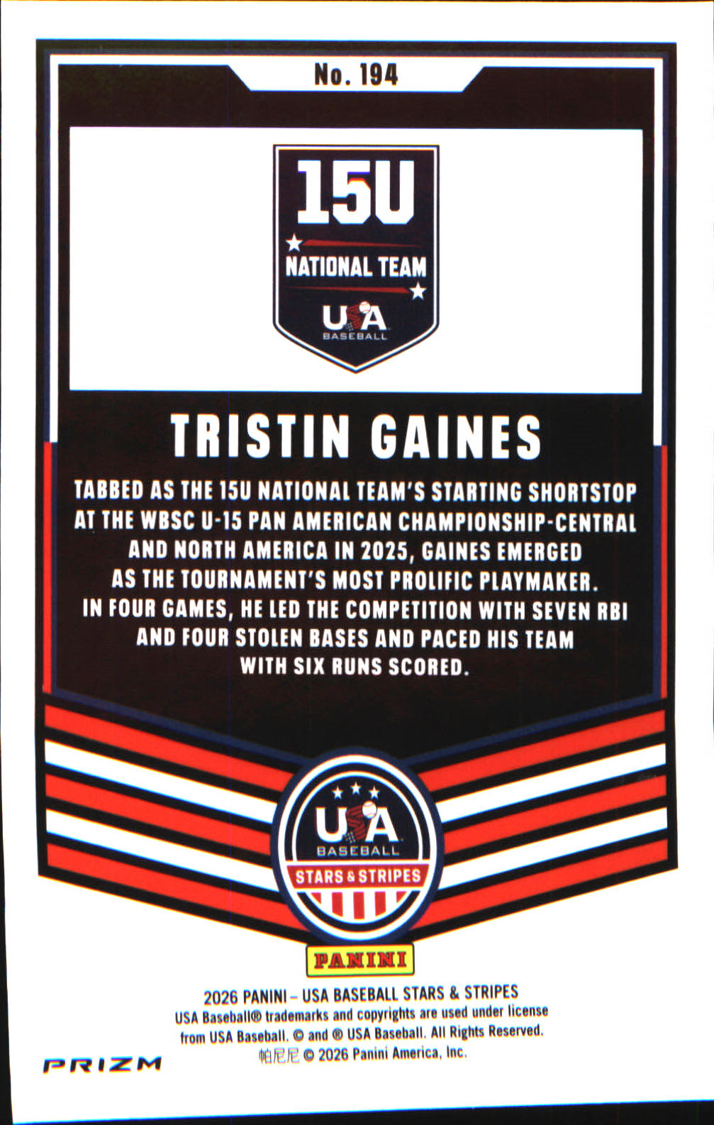 2026 Panini Stars & Stripes Prizm USA Baseball Green #194 Tristin Gaines
