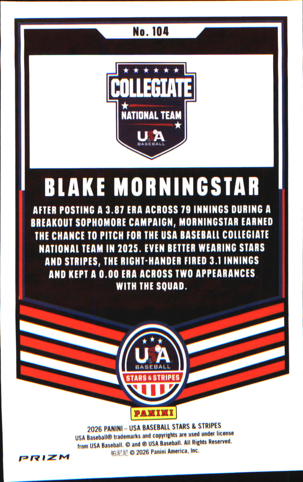 2026 Panini Stars & Stripes Prizm USA Baseball Silver #104 Blake Morningstar