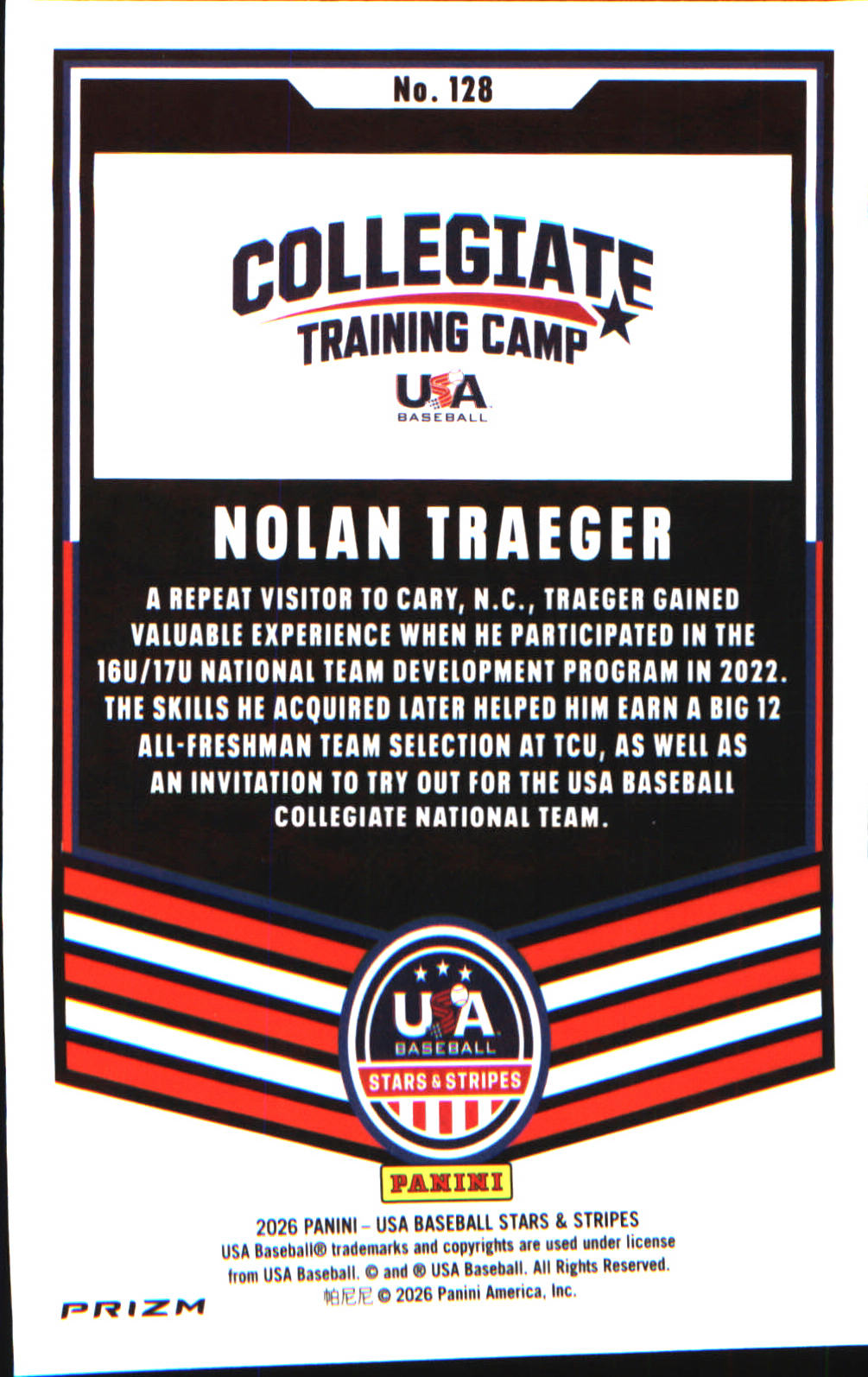 2026 Panini Stars & Stripes Prizm USA Baseball Silver #128 Nolan Traeger