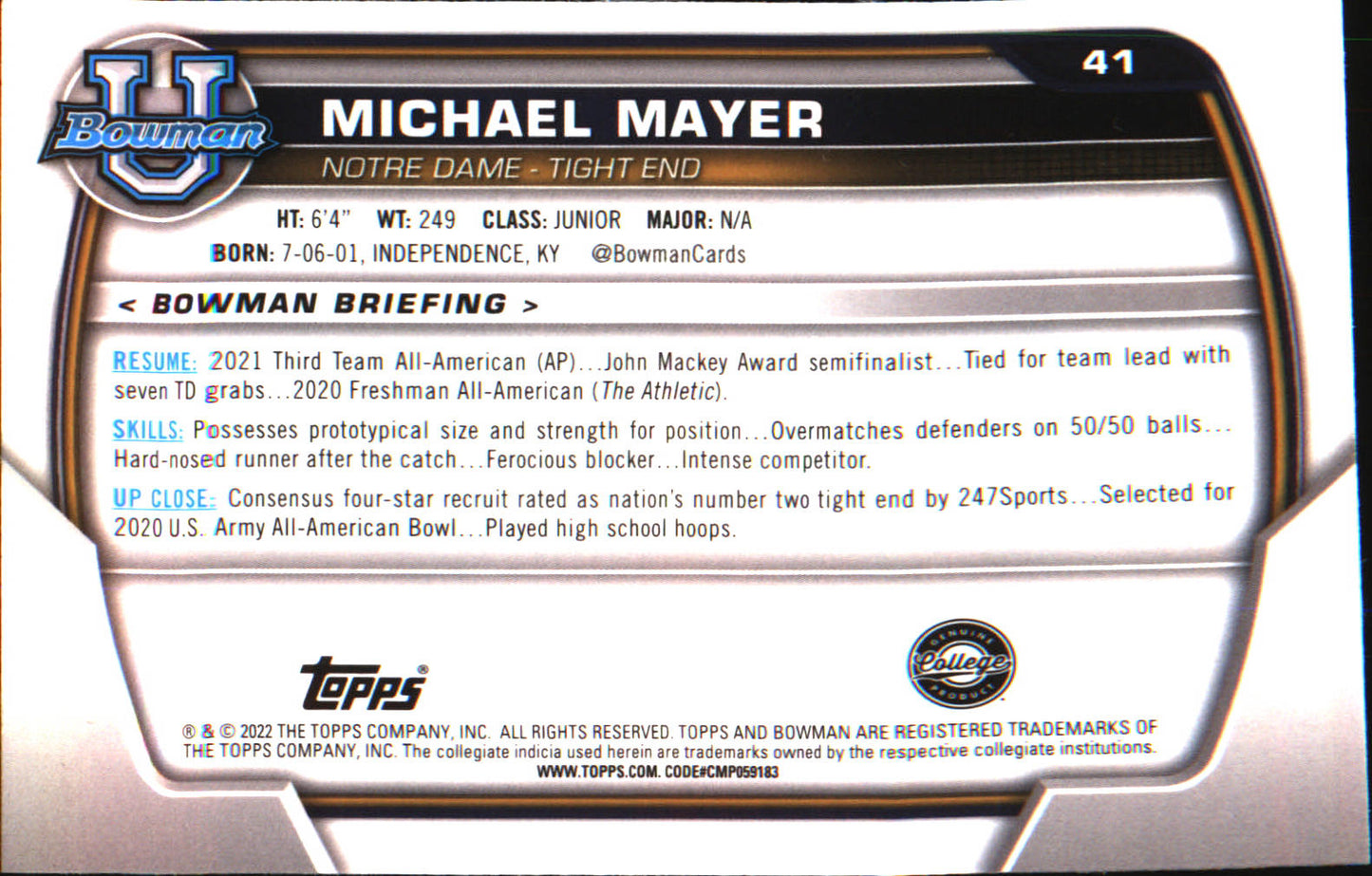 2022 Bowman University Chrome #41 Michael Mayer