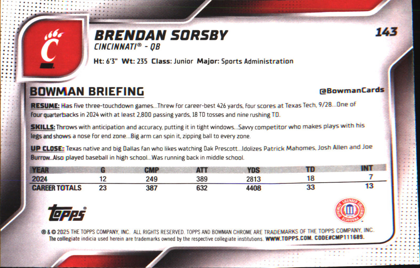2025 Bowman University Chrome #143 Brendan Sorsby