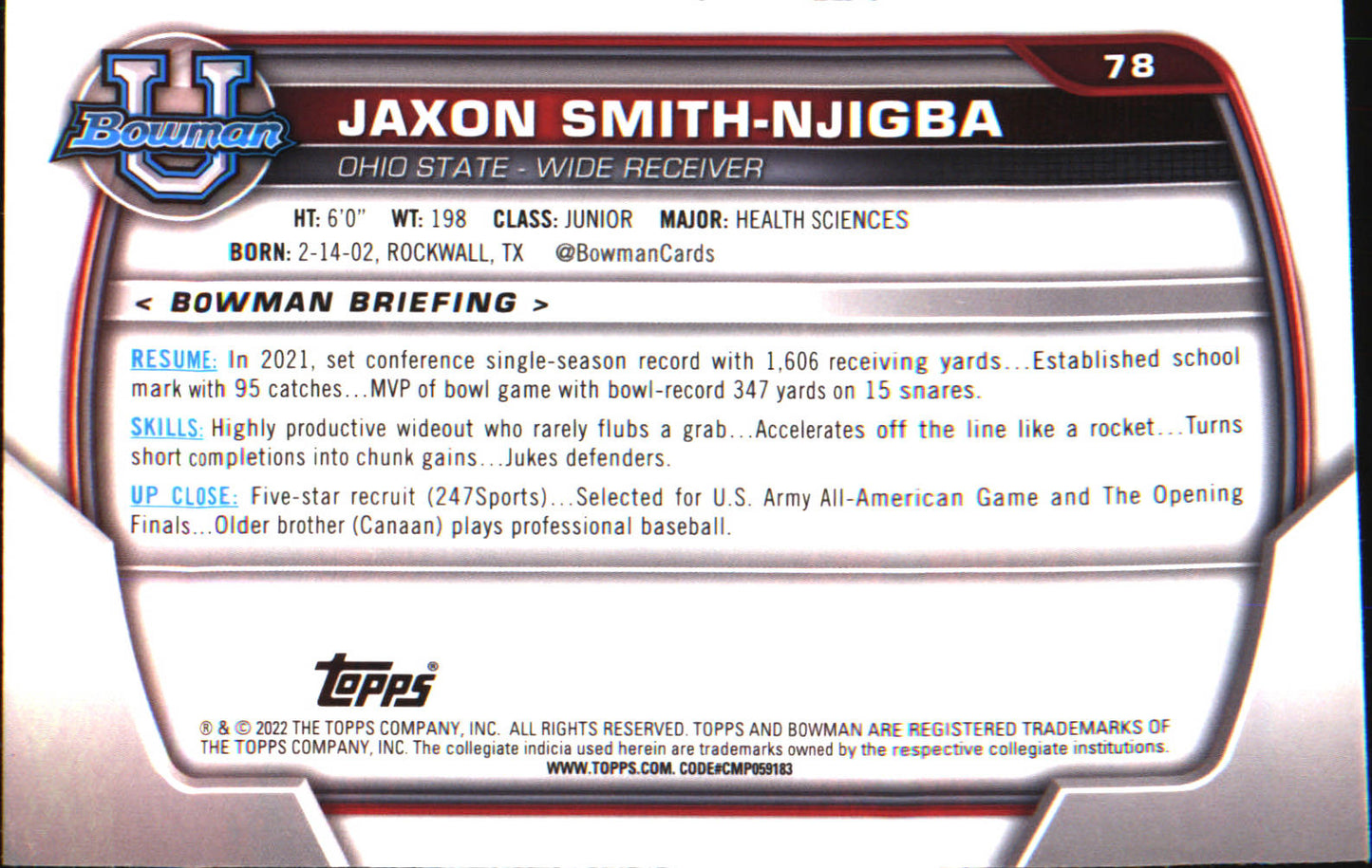 2022 Bowman University Chrome #78 Jaxon Smith-Njigba