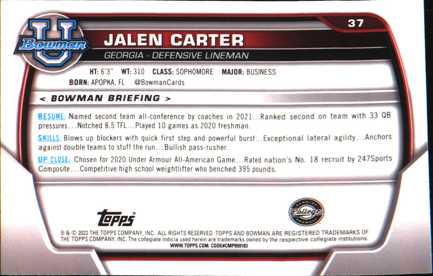 2022 Bowman University Chrome #37 Jalen Carter