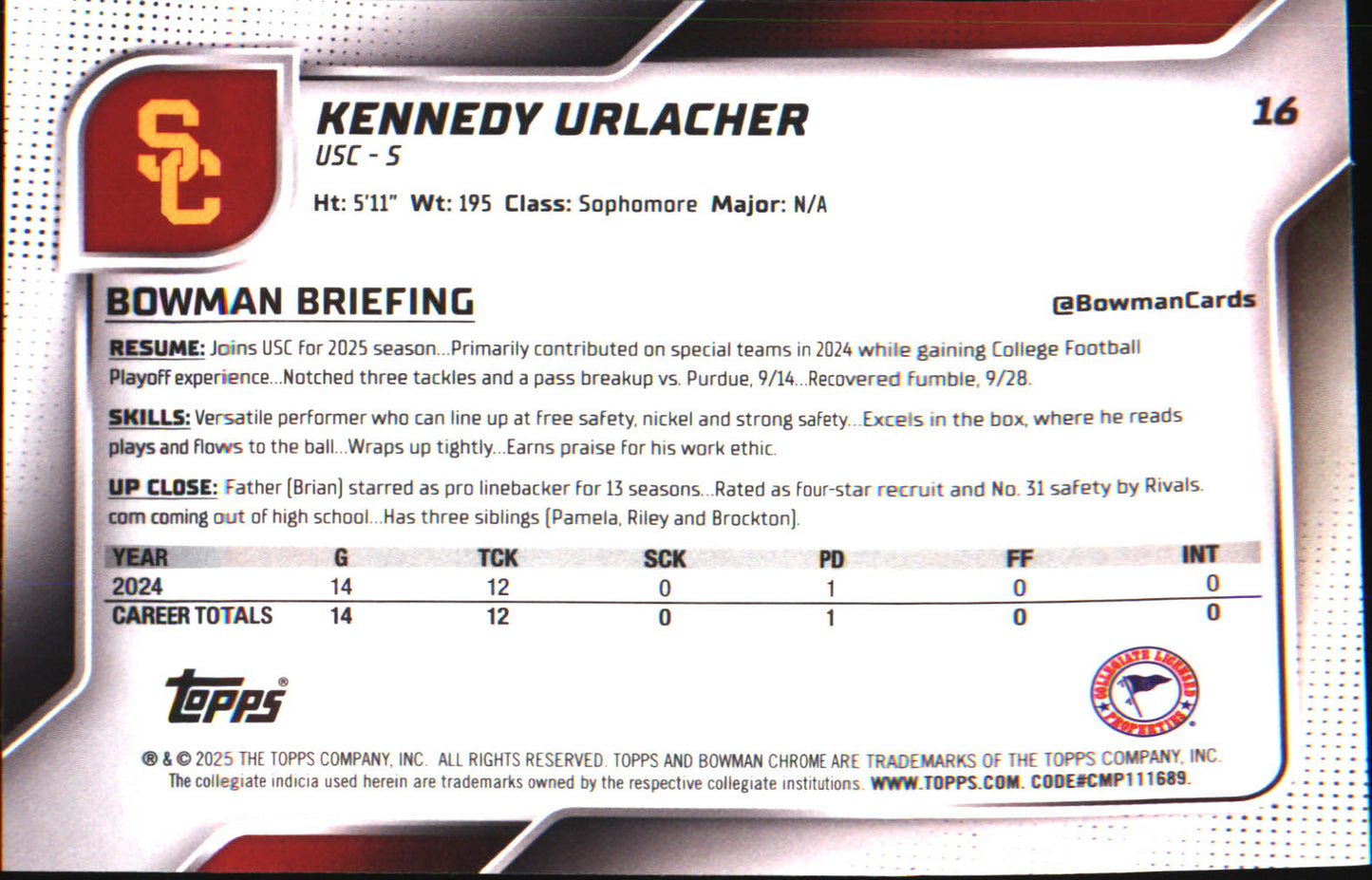 2025 Bowman University Chrome Pink Lava Refractor #16 Kennedy Urlacher