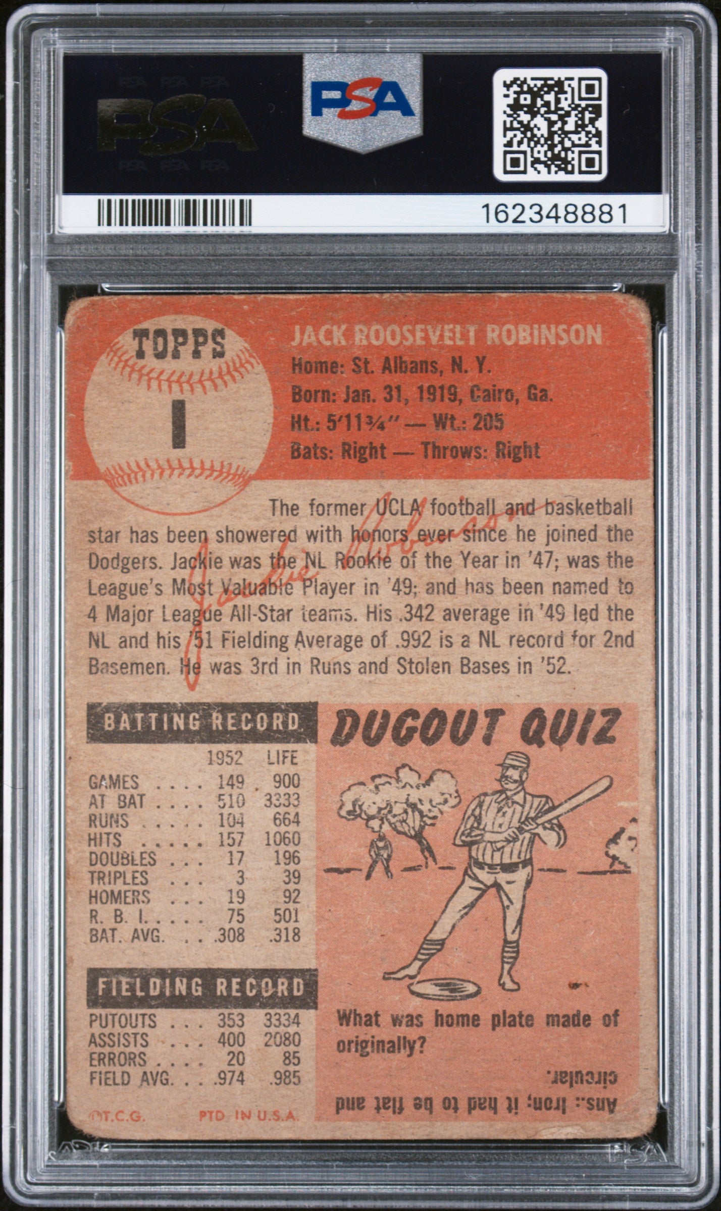1953 Topps #1 Jackie Robinson PSA 1  ***Beautiful Color***