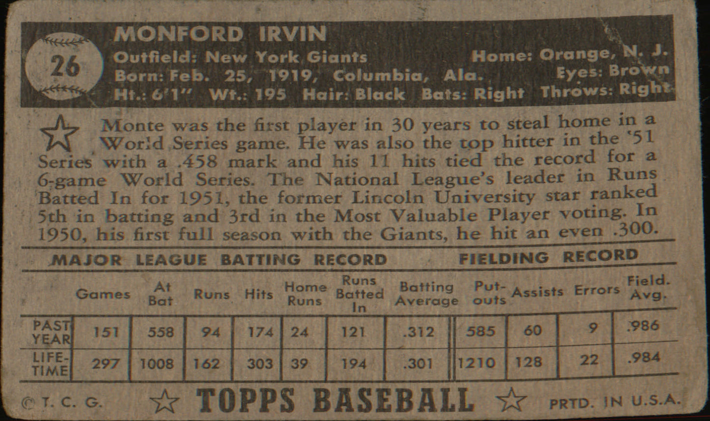 1952 Topps #26 Monte Irvin Black Back