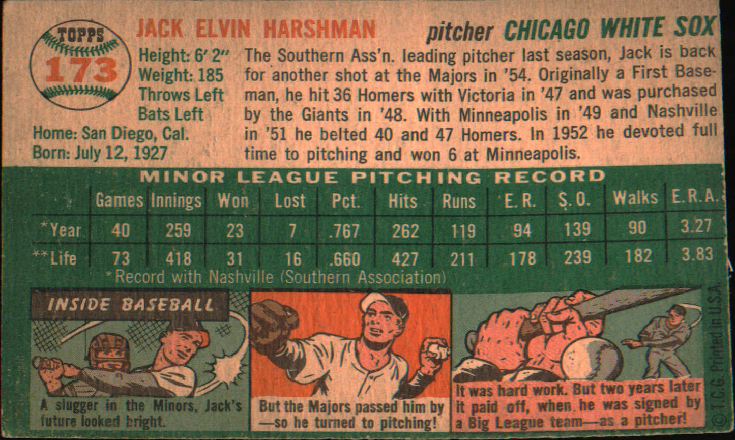 1954 Topps #173 Jack Harshman Rookie Rookie