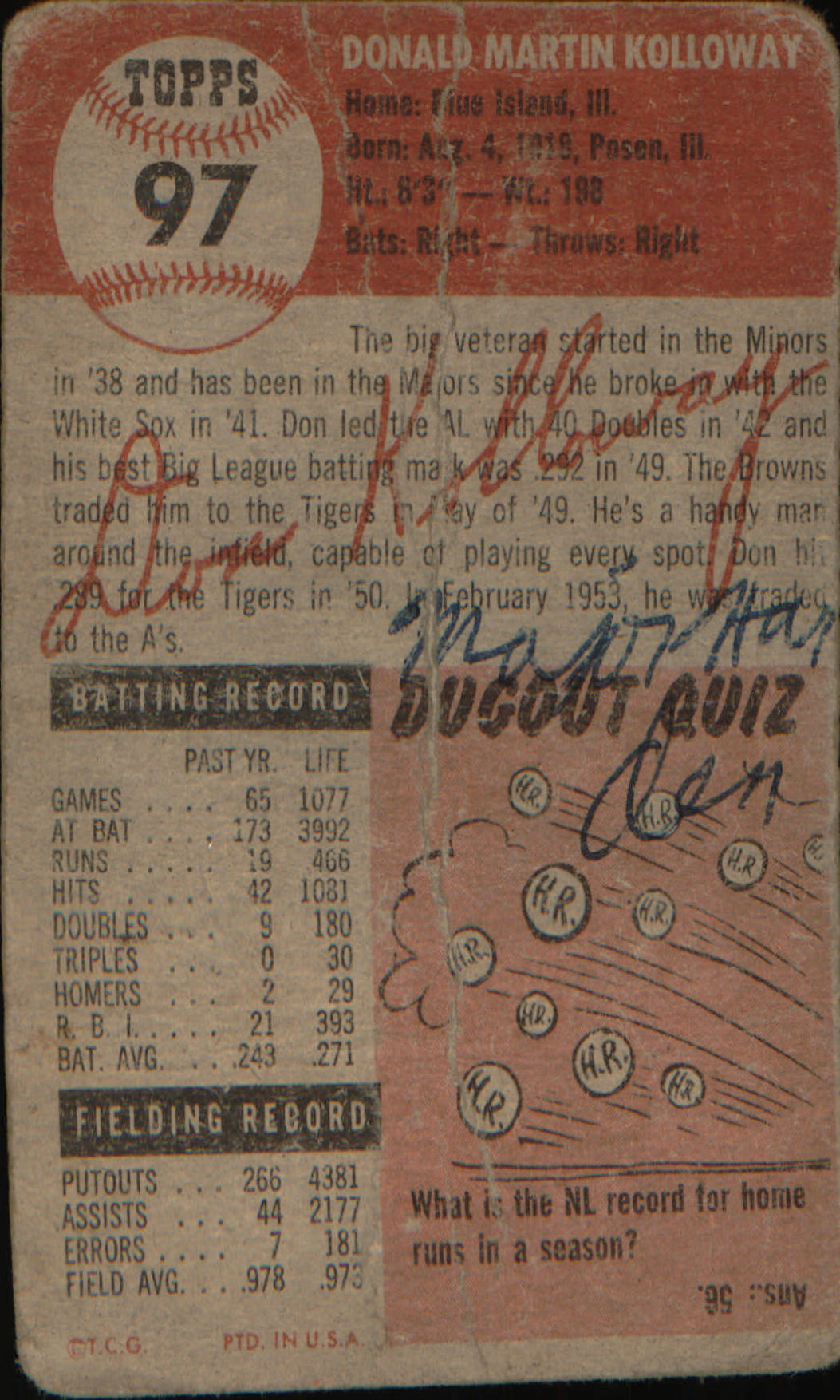 1953 Topps : Bio uses white text #97a Don Kolloway