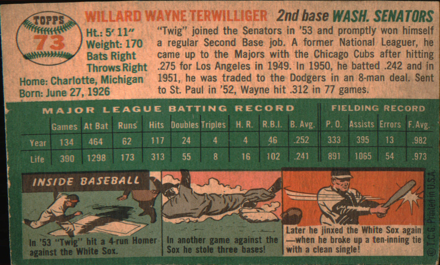 1954 Topps #73 Wayne Terwilliger