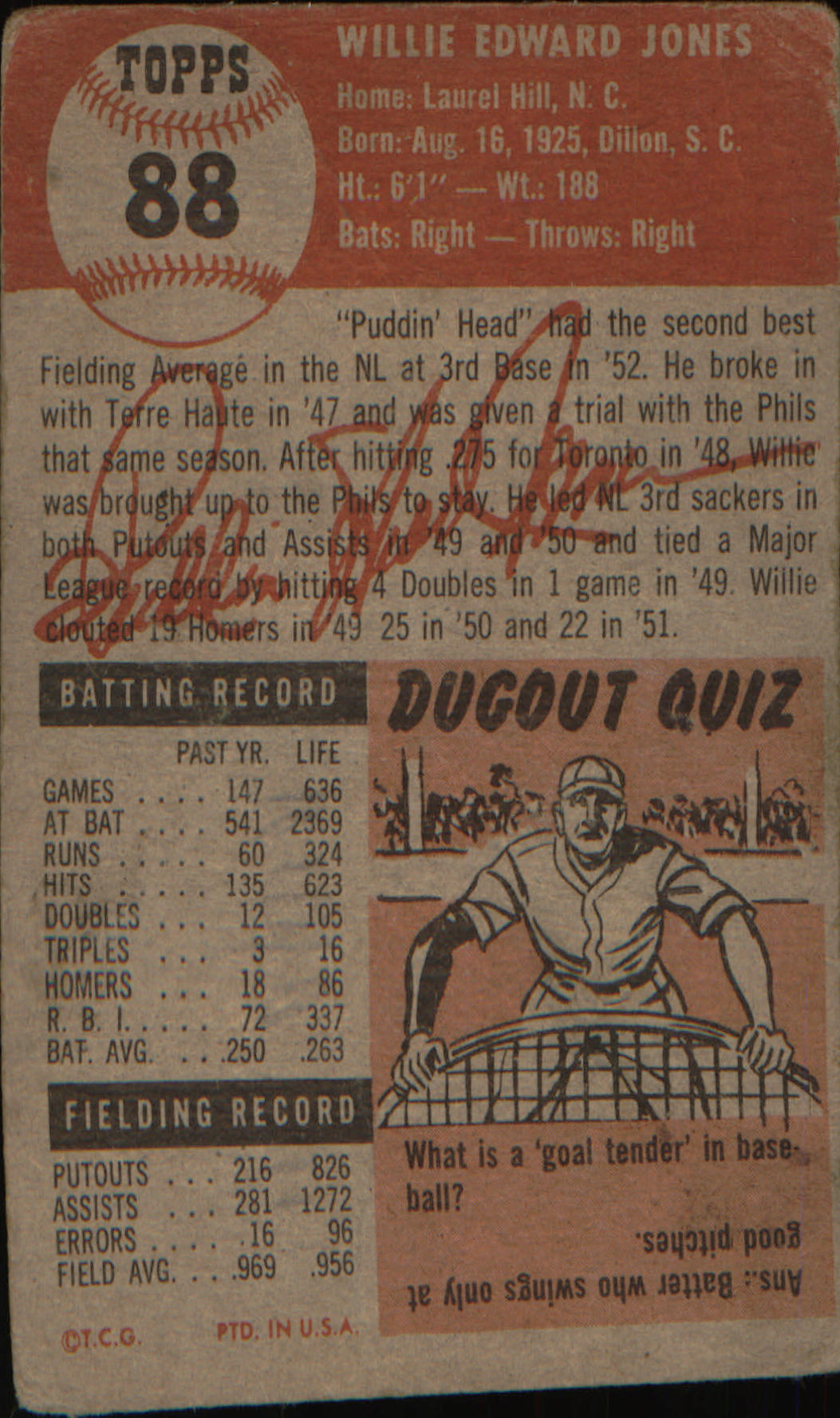 1953 Topps : Bio uses black text #88b Willie Jones