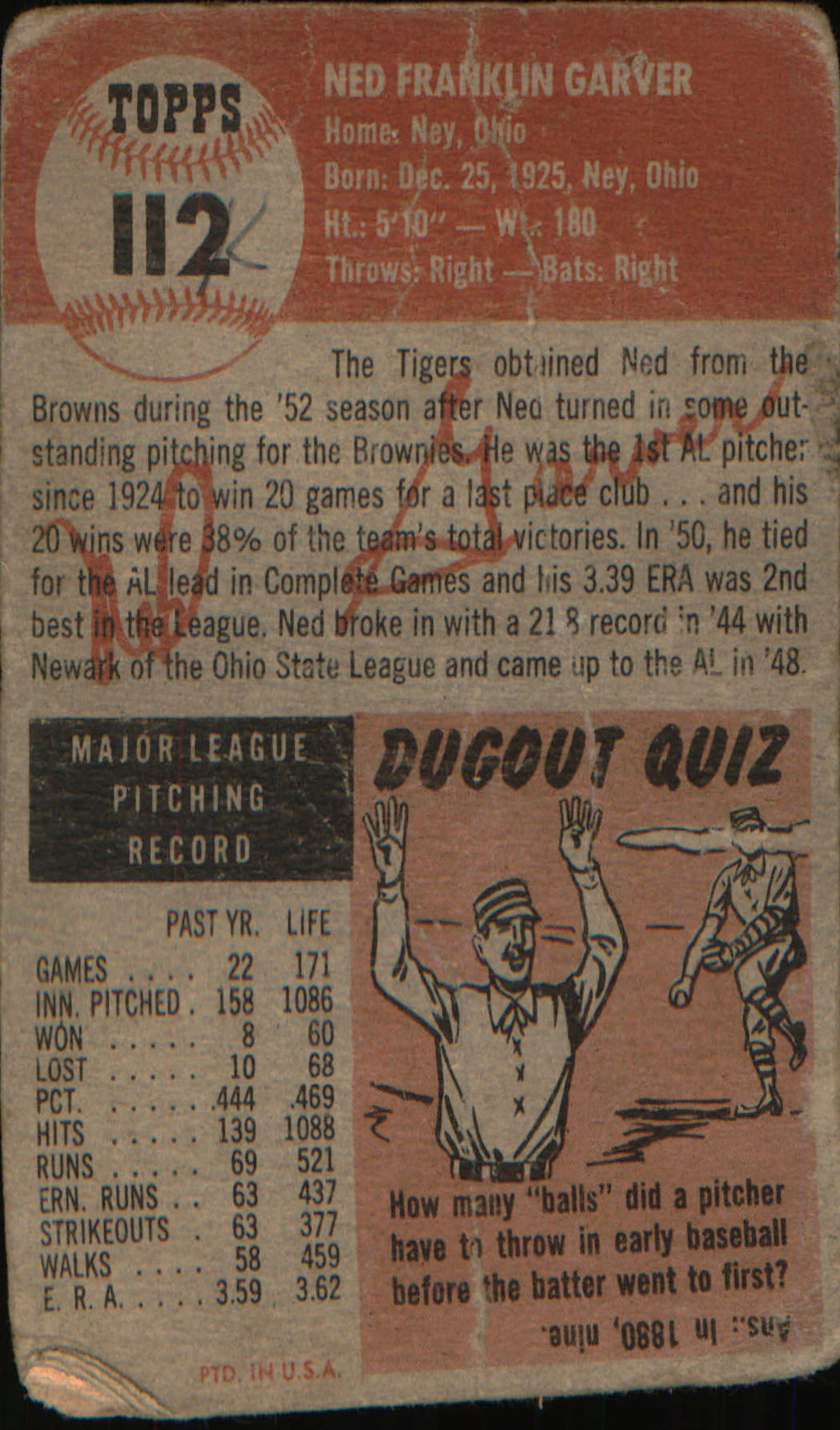 1953 Topps : Bio uses white text #112a Ned Garver