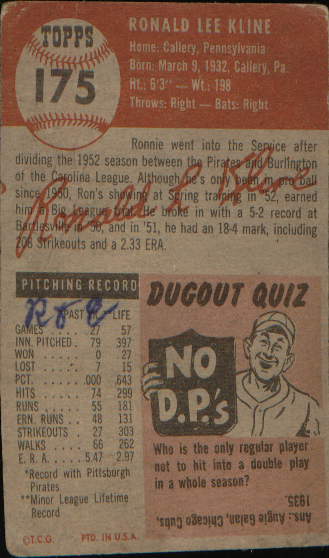 1953 Topps #175 Ron Kline Rookie Rookie