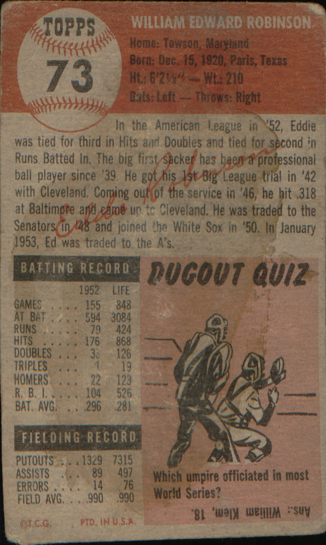 1953 Topps #73 Eddie Robinson