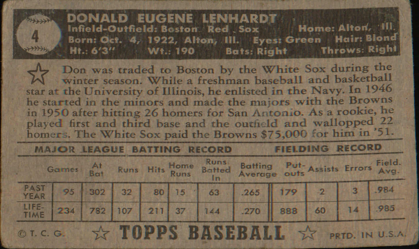 1952 Topps #4b Don Lenhardt - Black Back