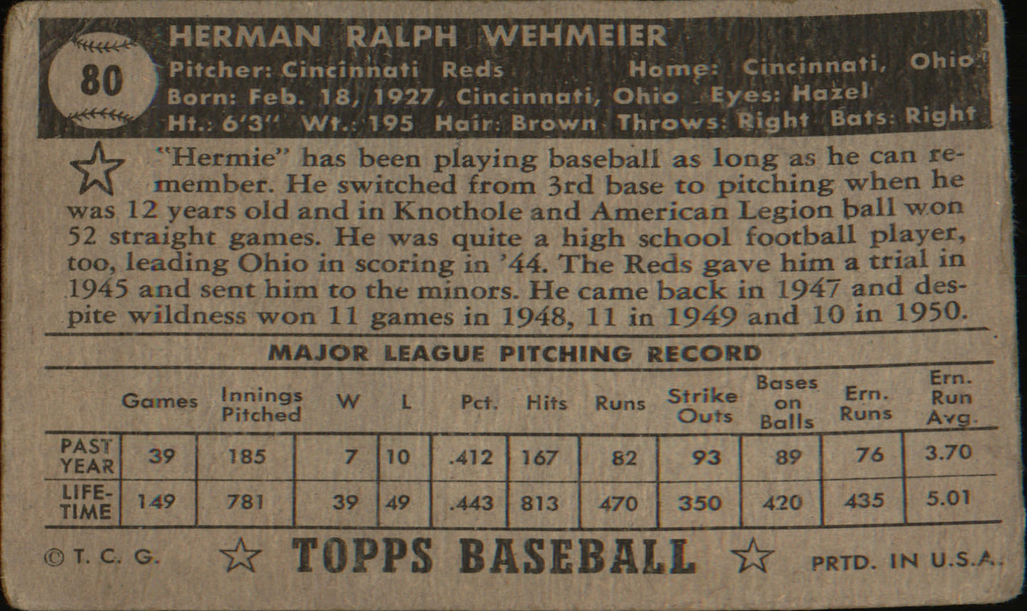 1952 Topps #80b Herman Wehmeier