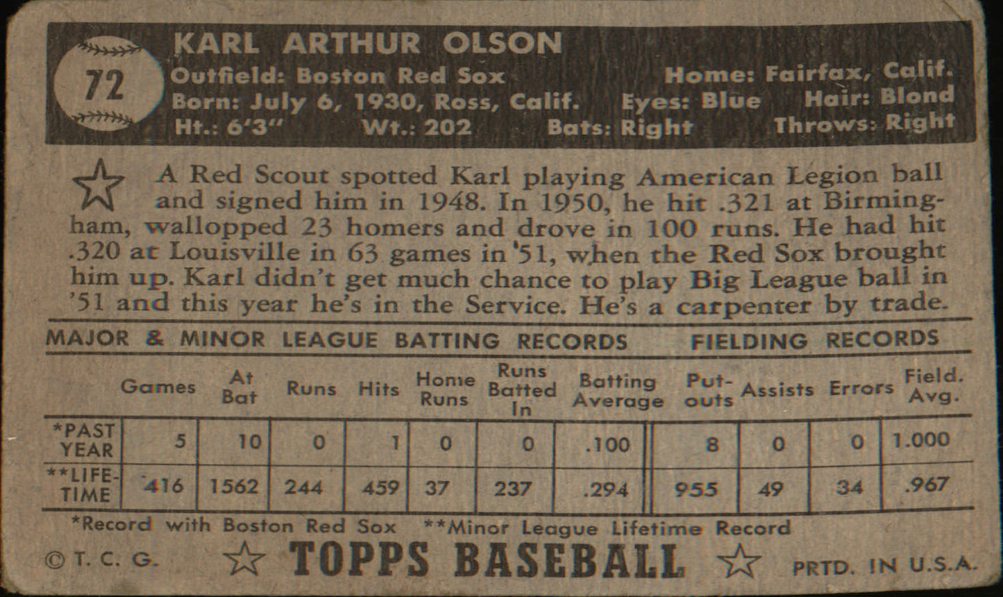 1952 Topps #72 Karl Olson Rookie Rookie