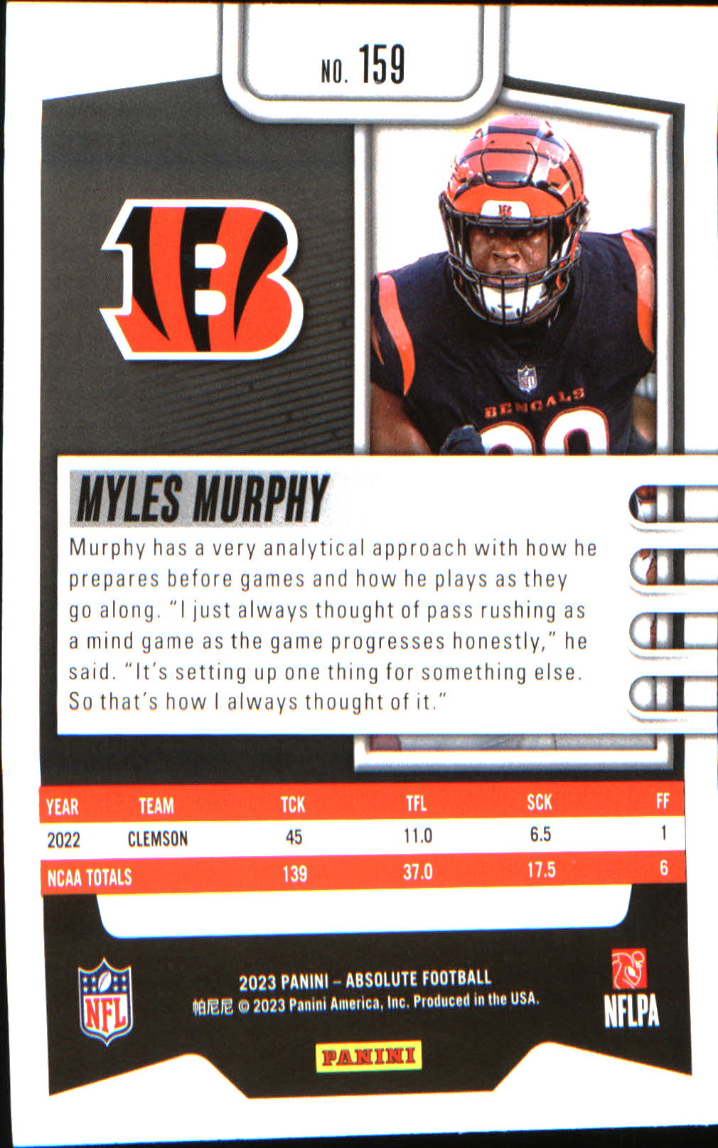 2023 Panini Absolute Retail #159 Myles Murphy Rookie Rookie