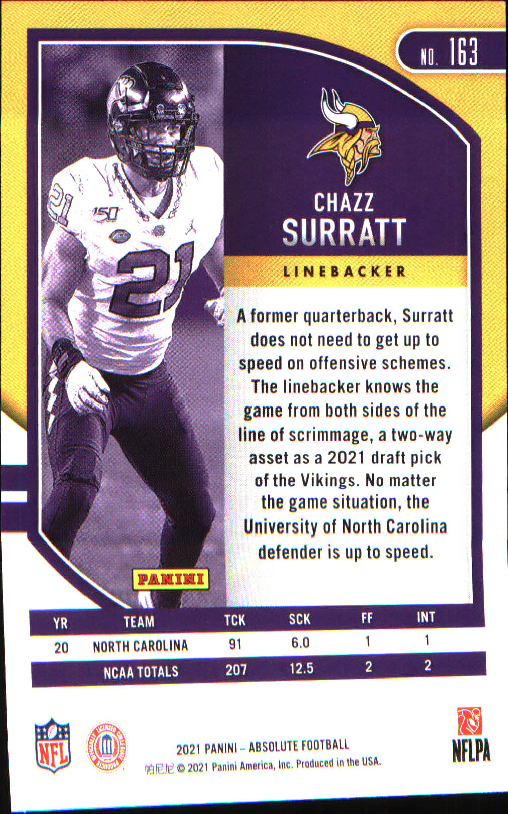 2021 Panini Absolute Yellow #163 Chazz Surratt Rookie