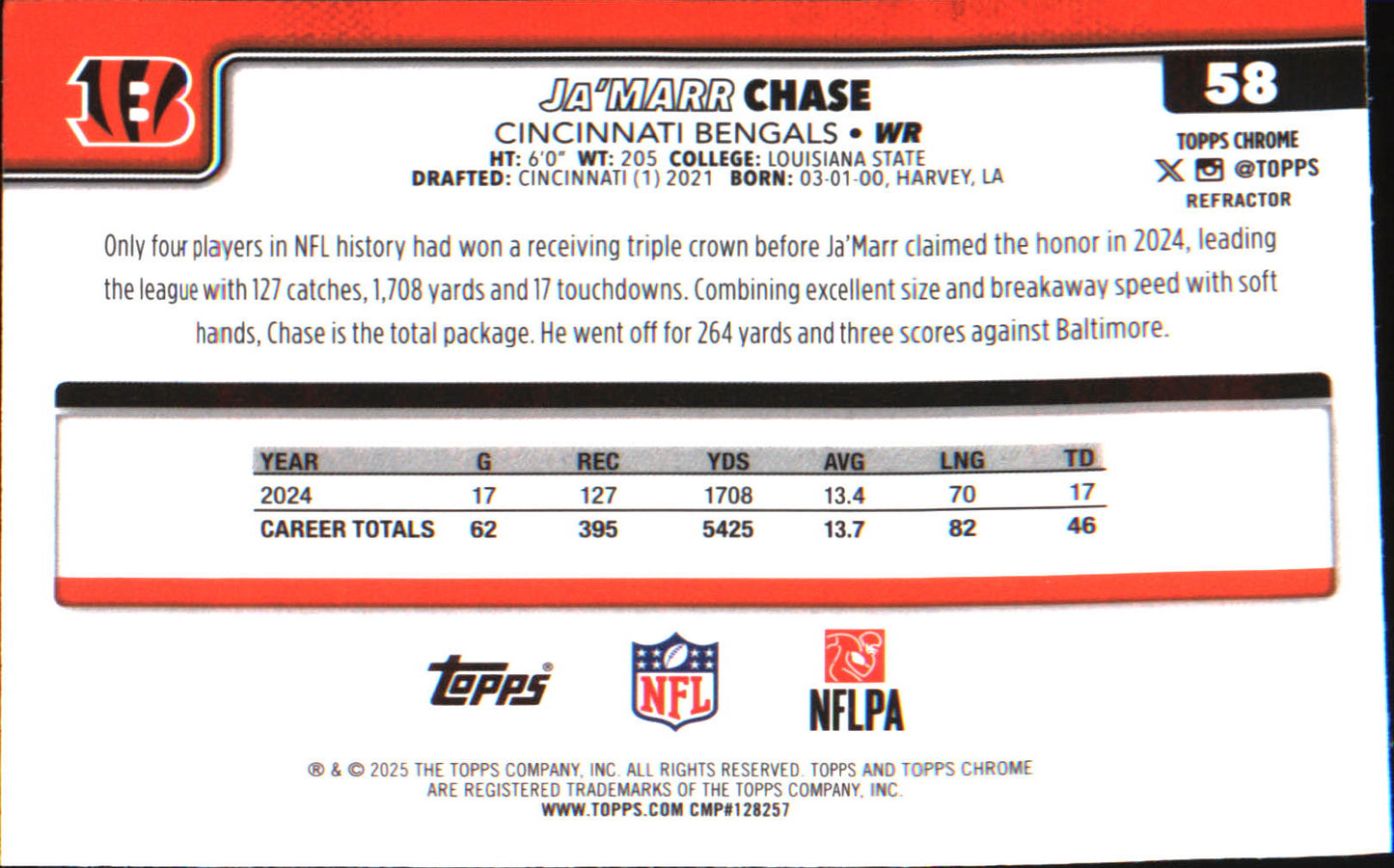 2025 Topps Chrome Refractor #58 Ja'Marr Chase