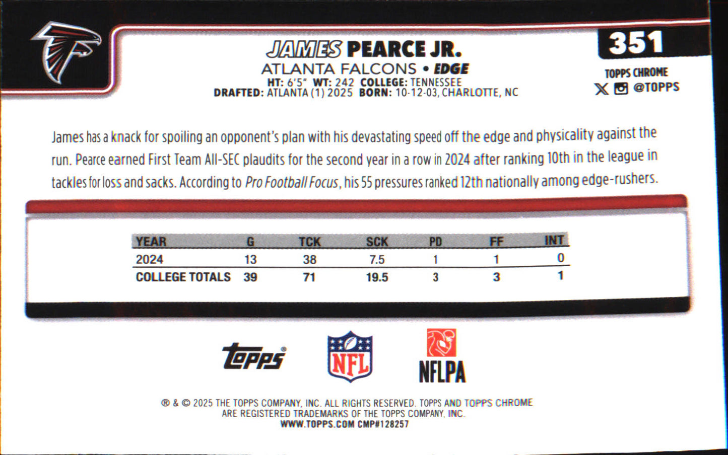 2025 Topps Chrome #351 James Pearce Jr. Rookie Rookie